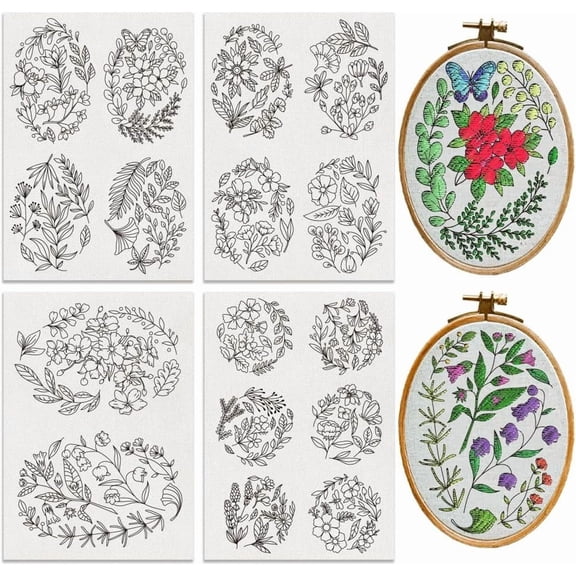 4 Sheets 16pcs Round Wildflower Water Soluble Hand Sewing Stabilizers Flower and Leaf Hand Sewing Stabilizers with Pre Printed Stick and Stitch for Bags Cloth Embroidery Hand Sewing for DIY