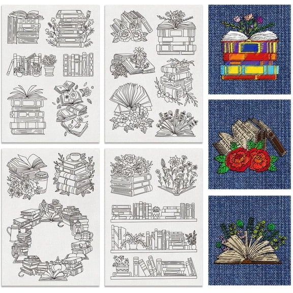 4 Sheets 18PCS Stick and Stitch Embroidery Paper Books and Flower Theme Stabilizer Water Soluble Hand Sewing for DIY Making