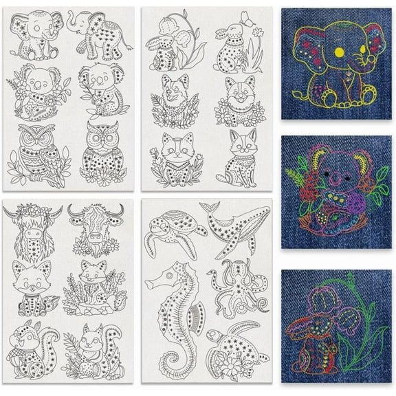 4 Sheets 23Pcs Animal Water Soluble Embroidery Patterns 11.7x8.3Inch Koala Elephant Owl Stick and Stitch Embroidery Paper Stabilizer