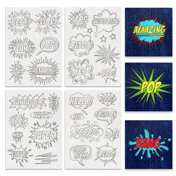 4 Sheets 28Pcs Comic Saying Word Water Soluble Embroidery Cartoon Theme Stitch Embroidery Paper for Carves Shirts Coats Bags Towels Colorful