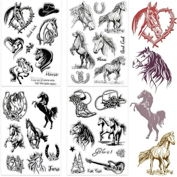 4 Sheets 4 Styles Custom PVC Plastic Clear Stamps for DIY Scrapbooking Photo Album Decorative Cards Making Horse 160x110x3mm 1 sheet/style