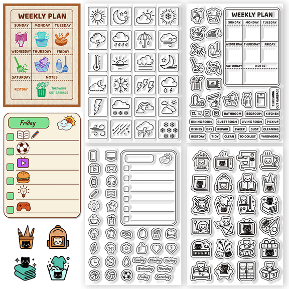 4 Sheets 4 Styles Daily Weather Icons Clear Stamps Schedule Table Silicone Stamp Seal 6.3  4.3 Inch