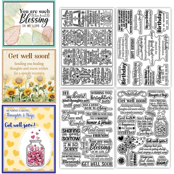4 Sheets 4 Styles Greetings Clear Stamps Bible Transparent Stamps Get Well Soon Silicone Clear Stamp Seals for DIY Scrapbooking Photo Album Decoration 4.36.3 inch