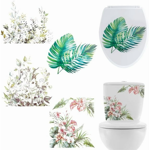 4 Sheets 4 Styles Plant Leaves Toilet Stickers Self-Adhesive Toilet Seat Lid Stickers Decals PVC Waterproof Bathroom Wall Sticker Toilet Cover Decor Decal Removable for Toilet WC Restroom