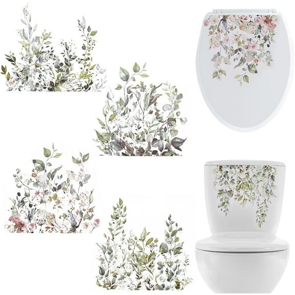 4 Sheets 4 Styles Plant Leaves Toilet Stickers Toilet Seat Lid Decals Stickers Self-Adhesive Bathroom Wall Sticker Toilet Cover Decor Decal PVC Waterproof Removable DIY