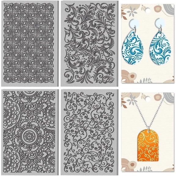 4 Sheets 4 Styles Simple Pattern Clay Texture Mat Retro Geometric Polymer Clay Texture Sheets DIY Tools for Earring Jewelry Making 4x2.6inch Mixed Color