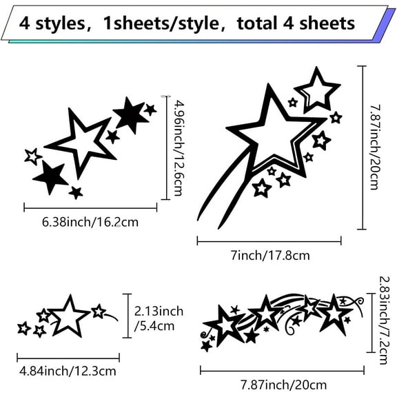 4 Sheets 4 Styles Star Car Decal Black Plastic Waterproof Reflective Graphics Car Body Side Stickers Self-Adhesive Five-Pointed Bumper Decals for Laptop Phone Accessory Helmet Wall Decor