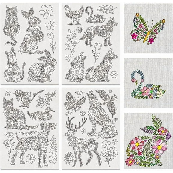4 Sheets 41pcs Flower Animals Water Soluble Hand Sewing Stabilizers Flower Leaves Pattern Tear Away Embroidery Stabilizers for Embroidery Carves Shirts Coats Bags Towels