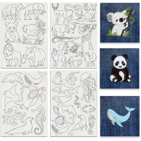 4 Sheets 42Pcs Zoo Animals Water Soluble Embroidery Patterns Land and Ocean Animals Hand Sewing Stabilizers Stick and Stitch Embroidery Paper