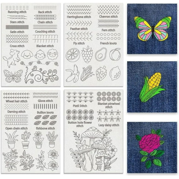 4 Sheets 43Pcs Water Soluble Embroidery Patterns 11.7x8.3Inch Animal Plant Fruit Stick and Stitch Embroidery Paper Stabilizer for Hand Sewing Lover Beginners