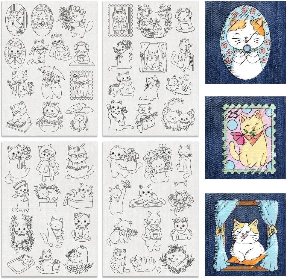 4 Sheets 49pcs Cat and Flower Water Soluble Stabilizer Hand Sewing