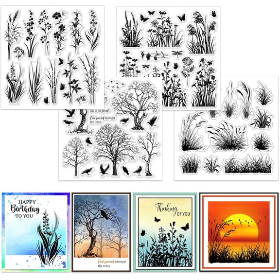 4 Sheets 5.9x5.9 Inch Wildflower Silhouette Clear Stamp for Scrapbooking Grass Silhouette Silicone Stamps Tree Bird Transparent Stamp Set for Card Making DIY Embossing Journaling Colorful