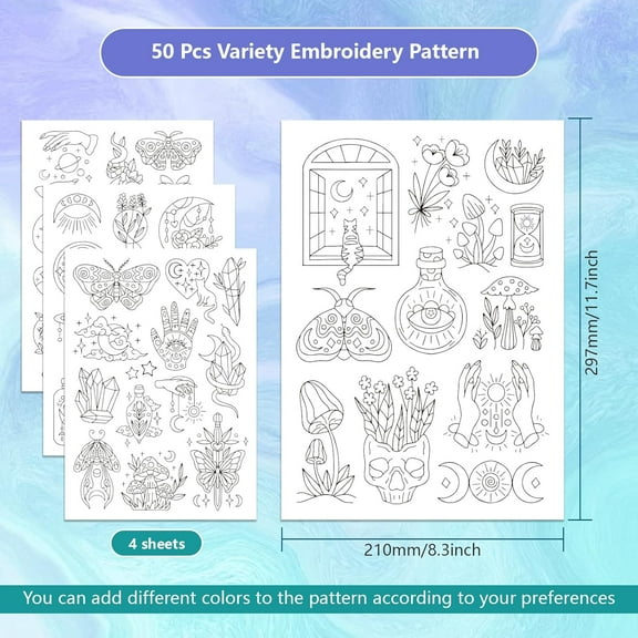 4 Sheets 50Pcs Magic Elements Water Soluble Hand Sewing Stabilizers for Fabric 11.6x8.2 Inch Embroidery Stitch Practice Embroidery Patterns Transfers