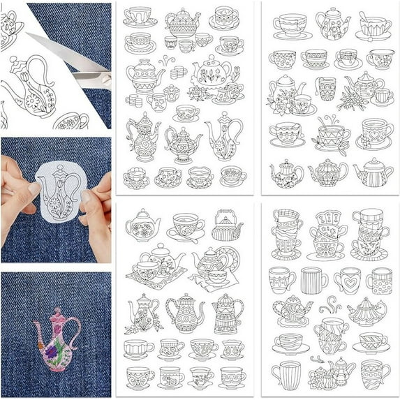 4 Sheets 62Pcs Teapot with Teacup Water Soluble Stabilizer Hand Sewing Stabilizers with Pre Printed Stick and Stitch Self Adhesive Wash Away Stabilizer for Bags Cloth Embroidery Hand Sewing