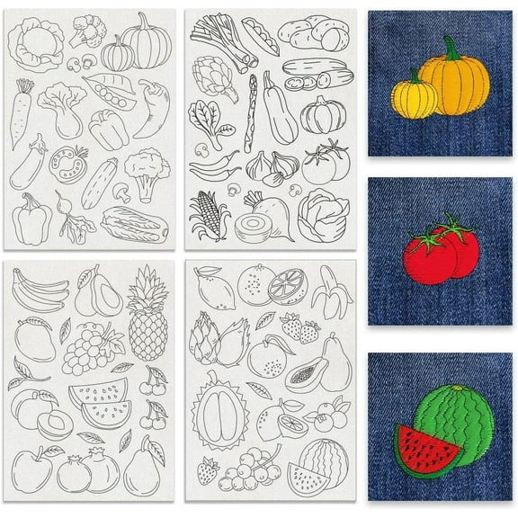 4 Sheets 69Pcs Vegetable Fruit Water Soluble Embroidery Patterns 11.7x8.3Inch Stick and Stitch Embroidery Paper Stabilizer for Hand Sewing Lover Beginners Mixed Color