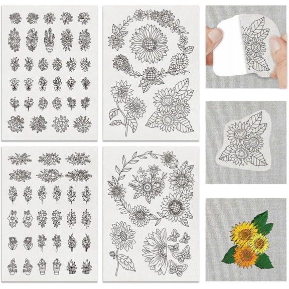 4 Sheets 70PCS Stick and Stitch Embroidery Paper Sunflower and Flower Theme Stabilizer Water Soluble Hand Sewing for Carves Shirts Coats Bags Towels Mixed Color