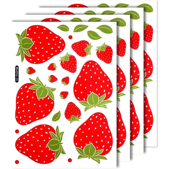 4 Sheets / 92pcs Strawberry Wall Decals, Removable Cute Fruit Wall Stickers for Girls Bedroom Dorm Dining Room Kitchen Bathroom Waterproof Decor