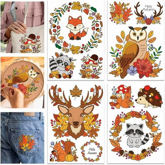4 Sheets Autumn Forest Animals Colourful Water Soluble Hand Sewing Stabilizers Flowers Wreath Wash Away Embroidery Stabilizer Deer Owl Stick Stitch Practice for Embroidery Beginners Lovers