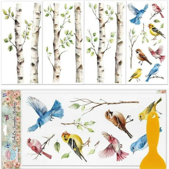 4 Sheets Birch and Bird Furniture Transfer 11.8x5.9inch Plants Trees Rub on Transfer UV Self-Adhesive Stickers Wall Art Craft for Bedroom Living Room Desk Table Mixed Color 1set