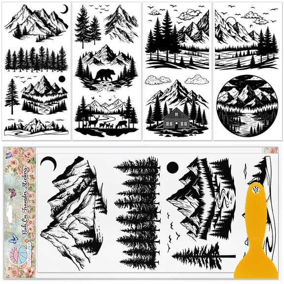 4 Sheets Black and White Mountains Furniture Transfers 6x12inch Forest Animals Rub on Transfer UV Self-Adhesive Stickers Wall Art Craft