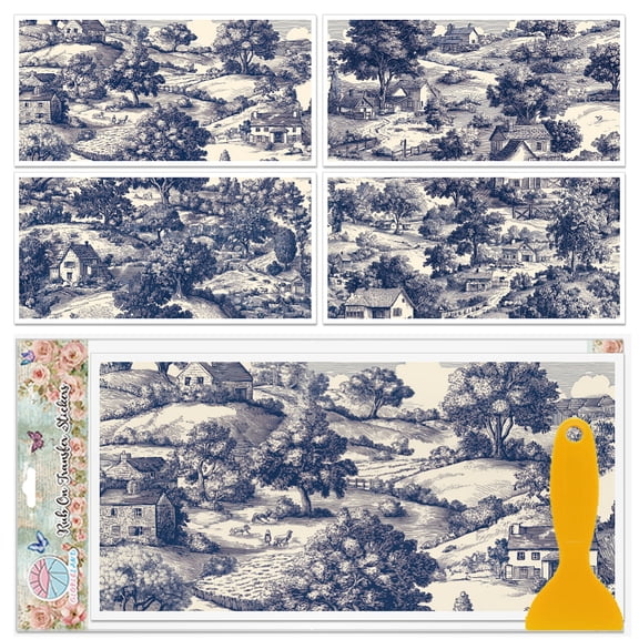 4 Sheets Blue Sketch Village Scene Rub on Transfers Mountain View Furniture Decor Transfers Decal Transfers Stickers