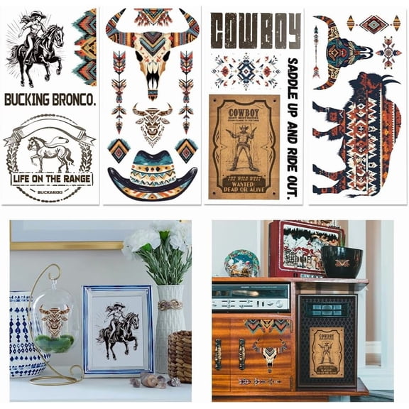 4 Sheets Bohemia Tribal Cowboy Transfer 11.8x5.9inch Western Cowboy Rub on Transfer Self-Adhesive Wall Art Decals for Bedroom Living Room Desk Table Decoration