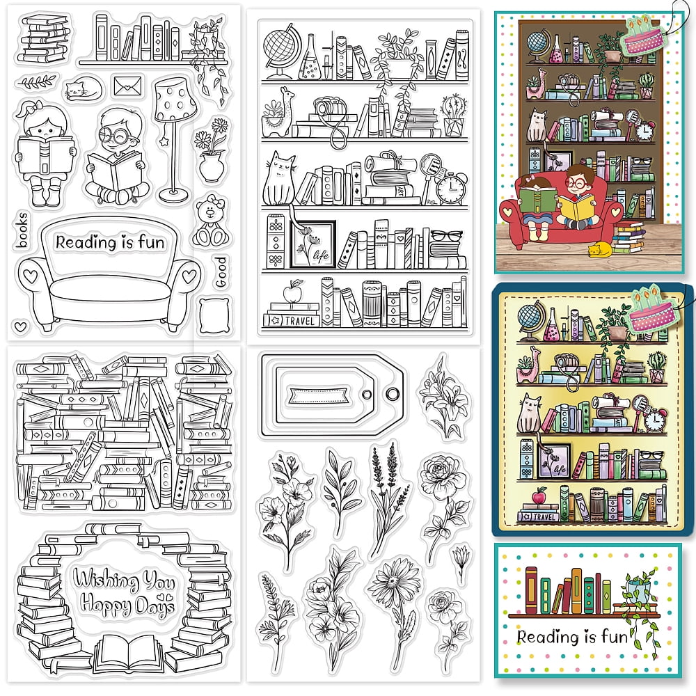 4 Sheets Book Series Bookcases Bookshelves Stamps Reading Time Flowers ...