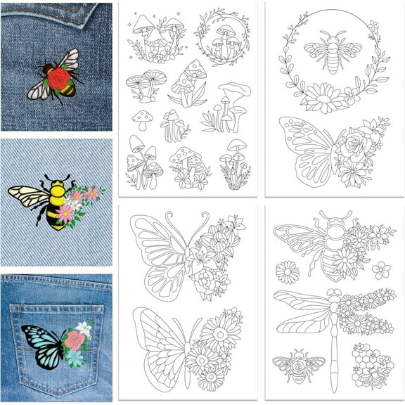 4 Sheets Butterfly Bee Mushroom Water Soluble Stabilizer Hand Sewing Stabilizers with Pre Printed Stick and Stitch Self Adhesive Wash Away Stabilizer for Bags Cloth Embroidery Hand Sewing