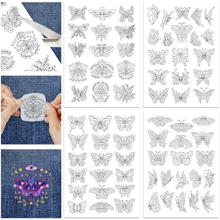 Water Soluble Stabilizer for Embroidery,2 Sheets Butterflies and Flowers Theme Stick and Stitch Embroidery Paper Stick and Stitch Embroidery Designs