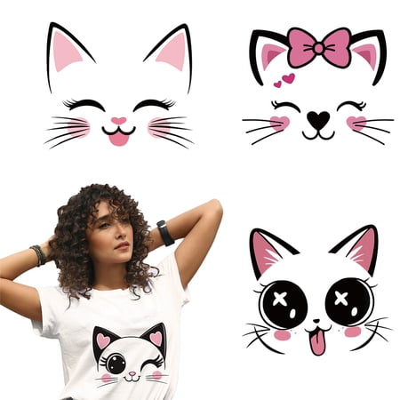 4 Sheets Cat Face Iron on Stickers Cat Face Expressions Pattern Print Transfer Stickers Decals