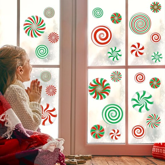 4 Sheets Christmas Candy Window Clings, Christmas Peppermint Candy Decorations, Colorful Candy Window Decals for Glass Window Xmas Holiday Home Office School Decorations