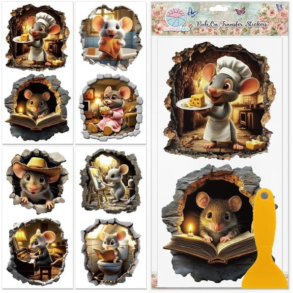 4 Sheets Colorful Cute Mouse Rub on Transfers Mousehole Furniture Decor Transfers Animals Decal Transfers Stickers for DIY handcrafting