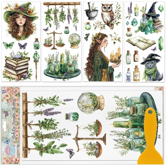 4 Sheets Colorful Forest Rub on Transfers Magic Woman Furniture Decor Magic Decal Transfers Stickers for Bedroom Living Room Desk Table Decoration Colorful DIY