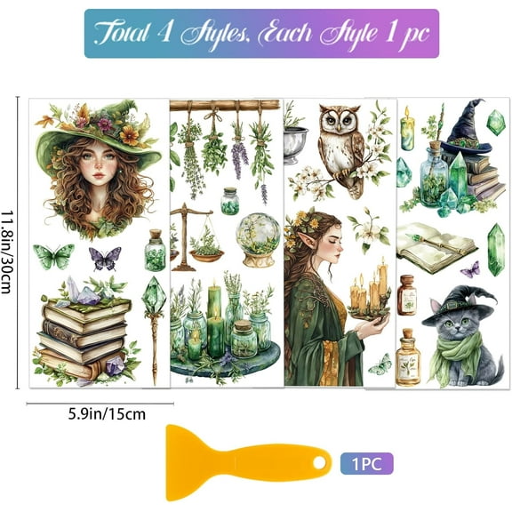 4 Sheets Colorful Forest Witch Rub on Transfers Magic Woman Furniture Decor Magic Decal Transfers Stickers for Bedroom Living Room Desk Table Decoration