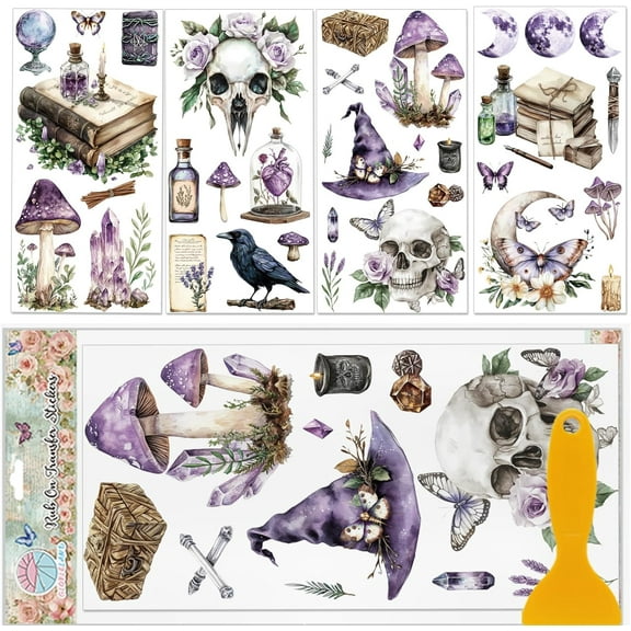 4 Sheets Colorful Witchcraft Rub on Transfers Magic Plants Furniture Decor Transfers Mushrooms Skulls Books Decal Transfers Stickers for Bedroom Living Room Desk Table Decoration Colorful