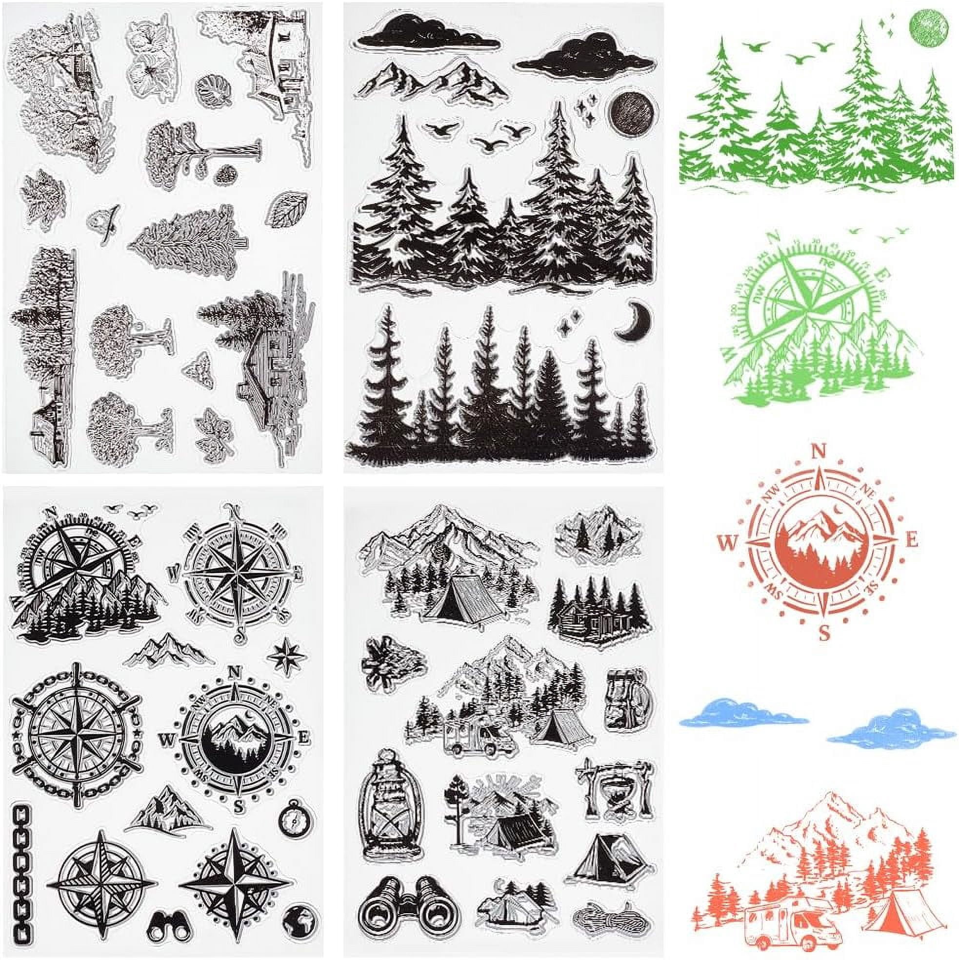 4 Sheets Compass Mountain Tree Clear Rubber Stamps Forest Scenery ...