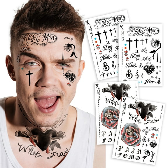 4 Sheets Cosplay Hip-Hop Temporary Face and Body Tattoos  Rapper-Inspired Fake Tattoo Stickers for Men, Women and Kids  Realistic Waterproof Tattoos for Cosplay, Halloween, Parties