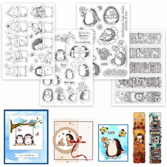 4 Sheets Cute Hedgehog Clear Stamp for Scrapbooking Cartoon Animal Rabbit Silicone Stamps Bookmark Transparent Stamp Set for Card Making DIY Embossing Journaling Making DIY