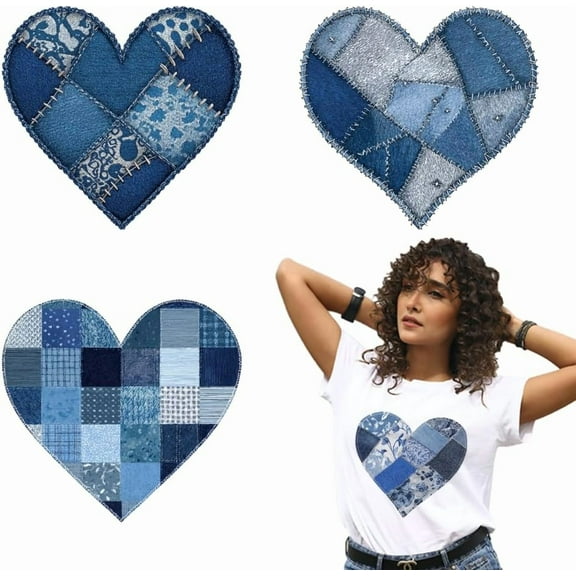 4 Sheets Denim Heart Iron on Stickers Plaid Denim Cloth Heart Pattern Print Transfer Stickers Decals for DIY T-Shirt Jeans Backpacks Families Clothing Hat Decoration Applique