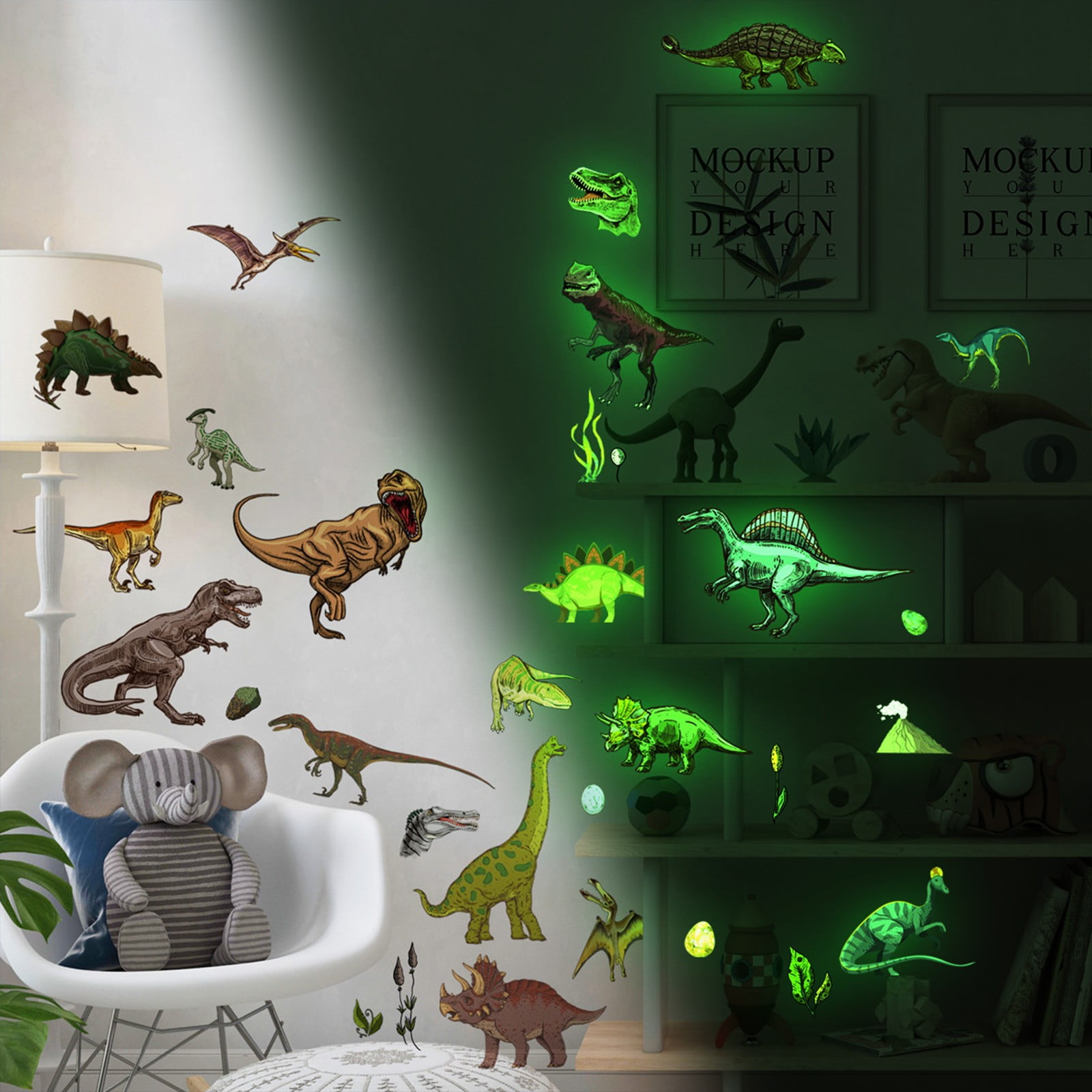 4 Sheets Dinosaur Wall Decals Glow in The Dark Stickers PVC Dinosaur Decor