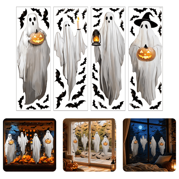 4 Sheets Extra Large Halloween Ghost Window Clings Vintage Watercolor Style, Double-Sided Glass Decals with Bats & Lanterns, Reusable PVC Static Clings for Home Classroom Office