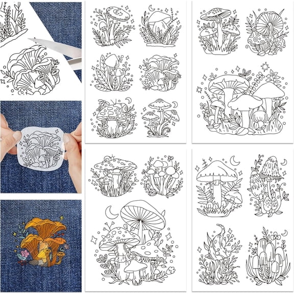4 Sheets Fantasy Mushroom Water Soluble Hand Sewing Stabilizers for Fabric Embroidery Stitch Practice Eembroidery Patterns Transfers Creative Craft