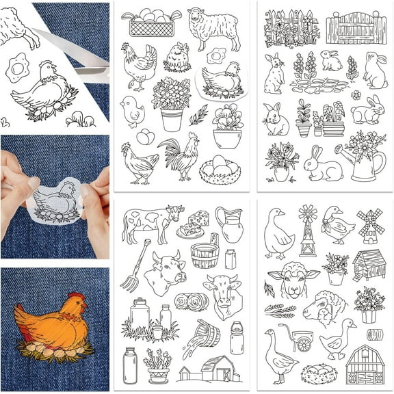 4 Sheets Farmhouse Animals Water Soluble Hand Sewing Stabilizers for Fabric Embroidery Stitch Practice Eembroidery Patterns Transfers for Embroidery Beginners Lovers