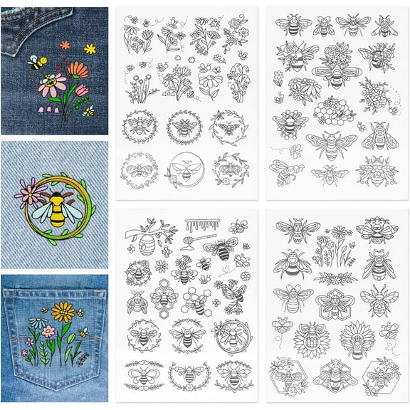 4 Sheets Flower and Bees Pattern Water Soluble Embroidery Hand Sewing Stabilizers for Fabric Stitch Practice Embroidery Stickers Wash Away Stabilizers for Embroidery Beginners Lovers for DIY