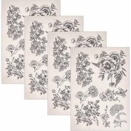 4 Sheets Flower Ceramic Clay Transfer Paper Ceramic Decals 21x15 Inch Porcelain Underglaze Transfers Tile Decals Pottery Underglaze Paper for Pottery Enamel Decal - 0.01mm Thick Black DIY