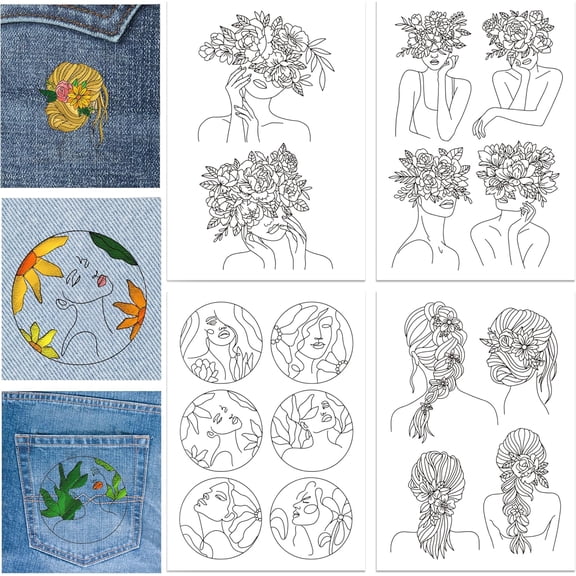 4 Sheets Flower and Lady Water Soluble Stabilizer Hand Sewing Stabilizers with Pre Printed Stick and Stitch Self Adhesive Wash Away Stabilizer for Bags Cloth Embroidery Hand Sewing