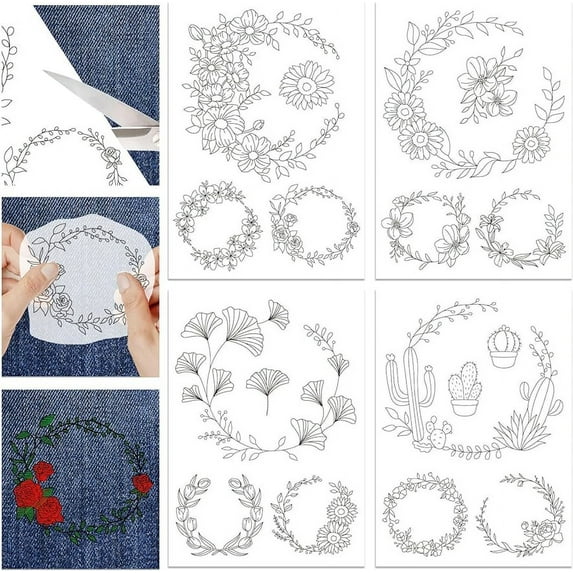 4 Sheets Flower Leaf Wreath Pattern Water Soluble Hand Sewing Stabilizers for Fabric Embroidery Stitch Practice