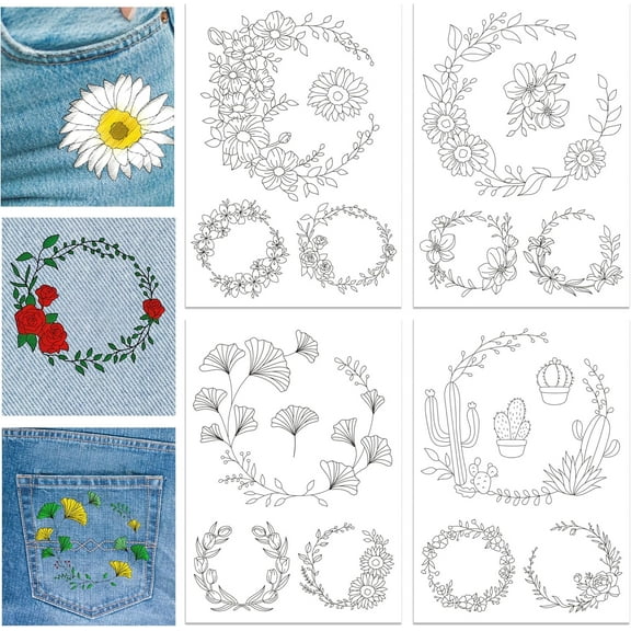 4 Sheets Flower Leaf Wreath Pattern Water Soluble Hand Sewing Stabilizers forFabric Embroidery Stitch Practice Embroidery Stickers Wash Away Stabilizers