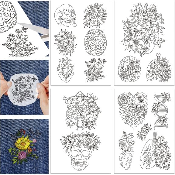 4 Sheets Flower and Organ Skeleton Water Soluble Stabilizer Hand Sewing Stabilizers with Pre Printed Stick and Stitch Self Adhesive Wash Away Stabilizer for Bags Cloth Embroidery