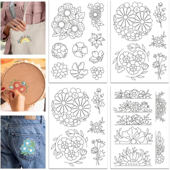 4 Sheets Flower Plants Water Soluble Hand Sewing Stabilizers Floral Bud Edge Wash Away Embroidery Stabilizer Embroidery Stitch Practice for Embroidery Beginners Lovers